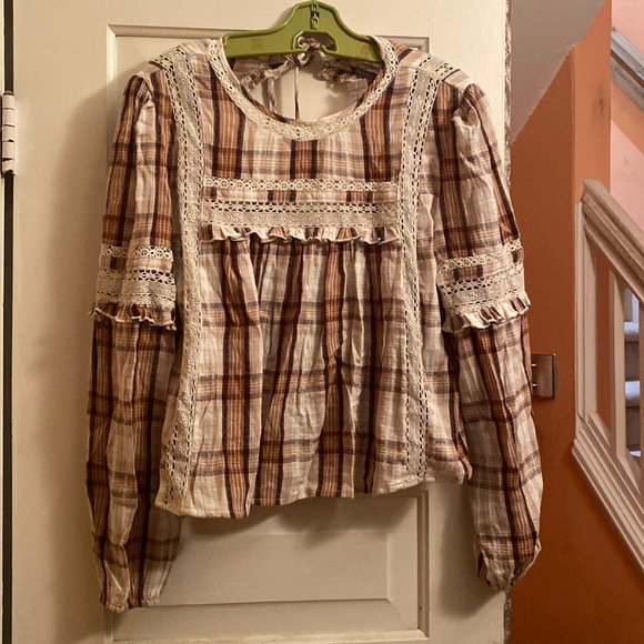 Brown Plaid open back embroidered top- American Eagle - Picture 1 of 5